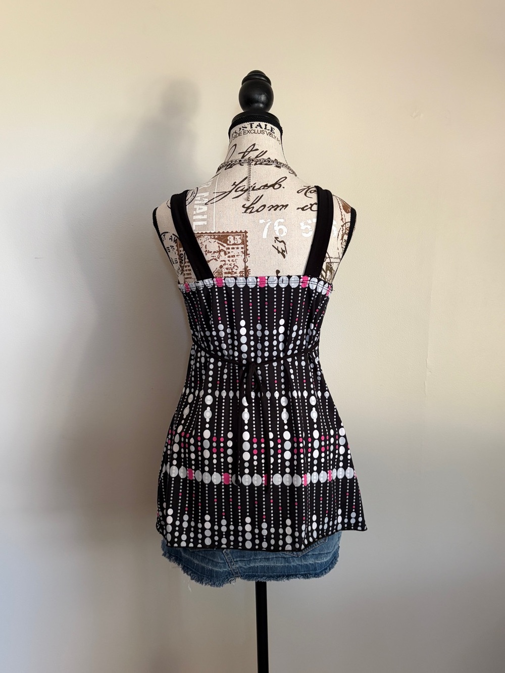 Y2K Black Pink Polka Dot Tie Back Baby Doll Sweetheart Top - Picture 3 of 9